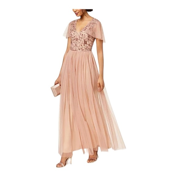 ADRIANNA PAPELL Rose Gold Beaded Embroidered Tulle Maxi Gown Dress 10 - Picture 6 of 15